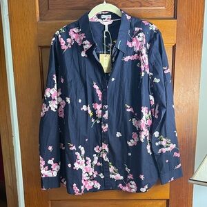 Joules Navy Button-Down Shirt with Pink Floral Print